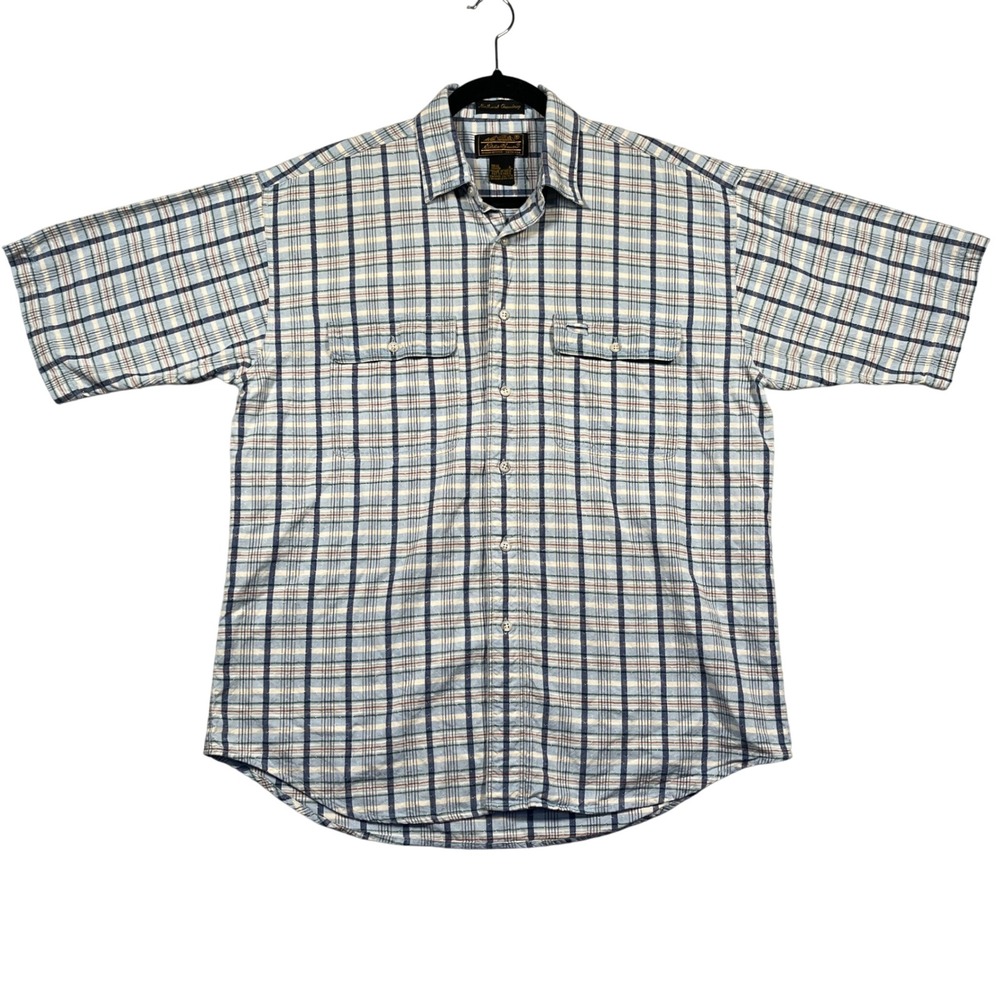 Vintage 90s Eddie Bauer Northwest Chambray Plaid Button Up Short Sleeve Shirt L